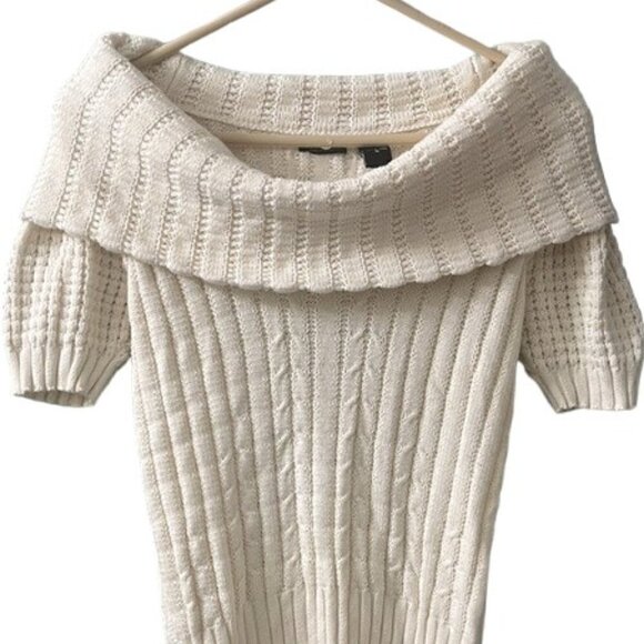 Moda International Medium Off-The-Shoulder Short Sleeve Cable Knit Sweater NWOT - Picture 4 of 8